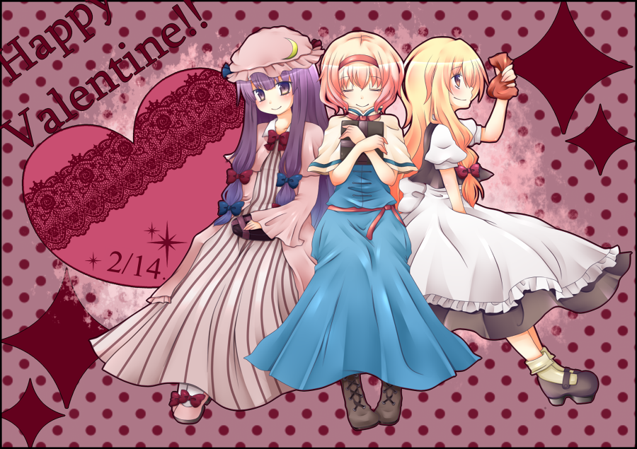 shiguri, alice margatroid, kirisame marisa, patchouli knowledge, touhou, bad id, bad pixiv id, 3girls, blonde hair, book, female focus, hairband, hat, long hair, multiple girls, purple eyes, purple hair, short hair, yellow eyes