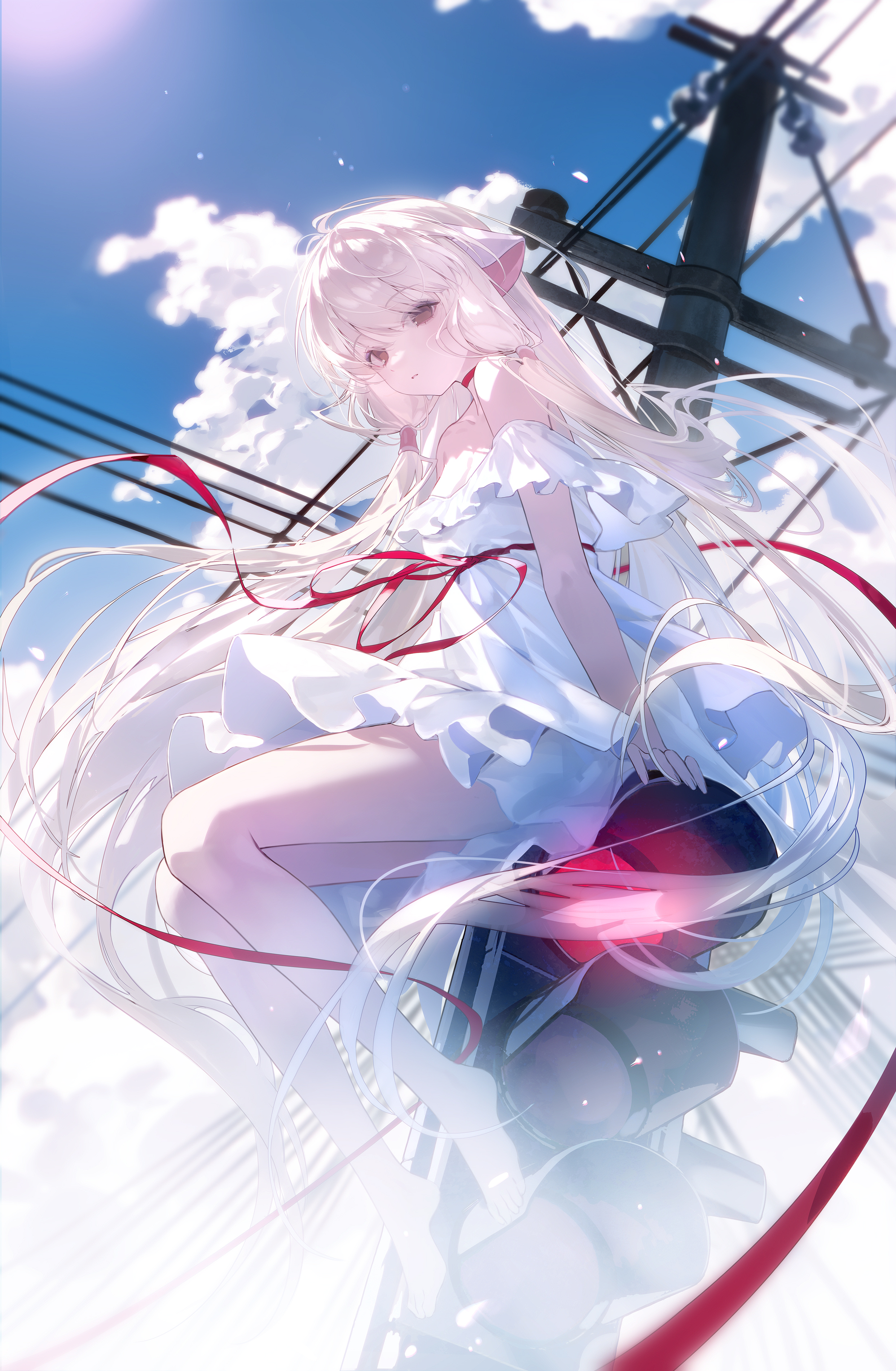 aka kan, chii, chobits, absurdres, commentary request, highres, 1girl, android, bare shoulders, barefoot, blonde hair, blurry, cloud, day, depth of field, dress, expressionless, long hair, looking at viewer, off-shoulder dress, off shoulder, outdoors, persocom (chobits), power lines, red ribbon, ribbon, robot ears, sitting, sky, solo, traffic light, utility pole, very long hair, white dress