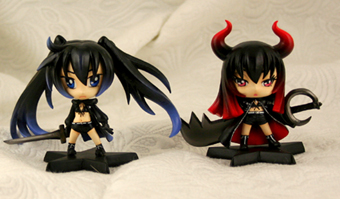 black gold saw, black rock shooter (character), king saw, black rock shooter, lowres, photo (medium), 10s, 2girls, bikini, bikini top only, black hair, blue eyes, boots, chibi, coat, demon girl, figure, figure (medium), gradient hair, horns, knee boots, long hair, midriff, multicolored hair, multiple girls, red eyes, shorts, star (symbol), swimsuit, sword, twintails, very long hair, weapon