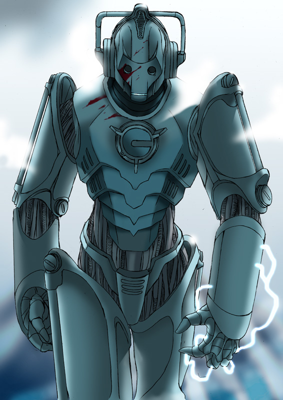 angeldust, cybermen, doctor who, animification, armor, blood, blood splatter, cowboy shot, electricity, grey background, mecha, no humans, robot, simple background, standing