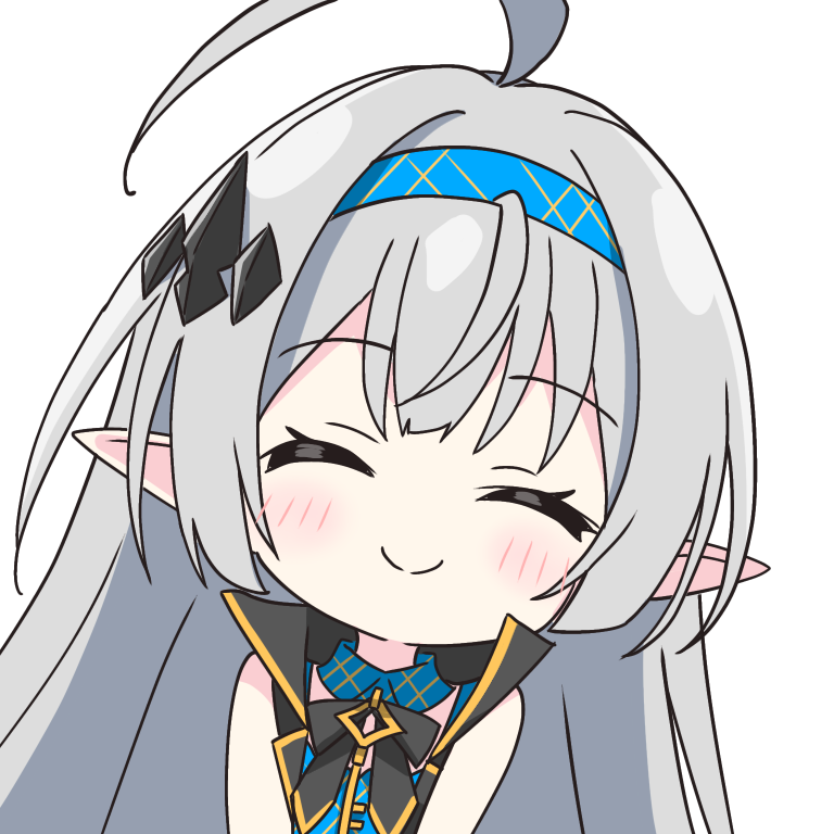 kotatsu-mazoku, female tyrant (stella sora), tyrant (stella sora), stella sora, commentary request, 1girl, ^ ^, ahoge, bare shoulders, black bow, black bowtie, blue hairband, blue shirt, blush, bow, bowtie, closed eyes, closed mouth, facing viewer, grey hair, hair ornament, hairband, long hair, pointy ears, shirt, sidelocks, simple background, sleeveless, sleeveless shirt, smile, solo, upper body, white background
