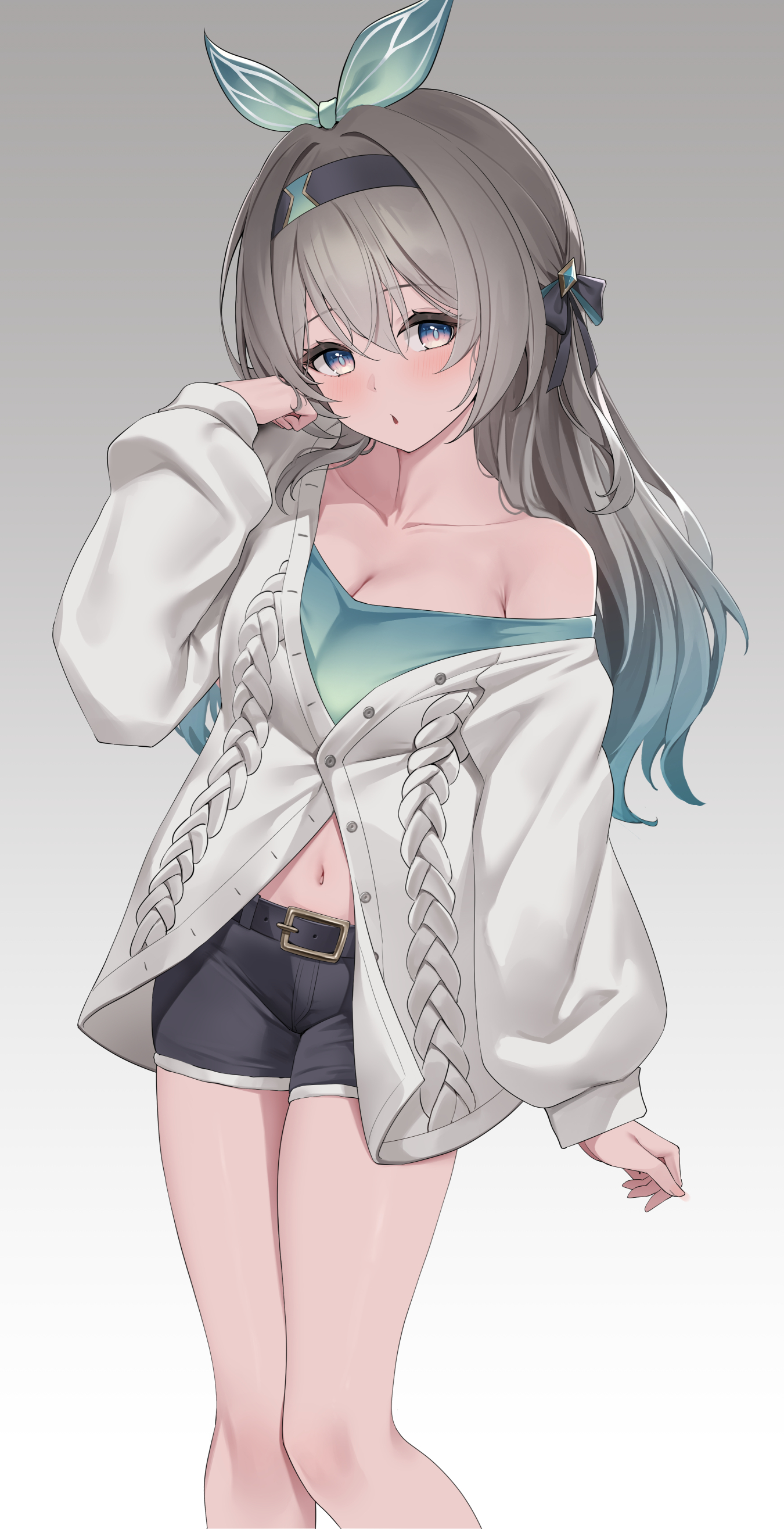 lunacle, firefly (honkai: star rail), honkai: star rail, honkai (series), absurdres, hashtag-only commentary, highres, 1girl, alternate costume, belt, black belt, black hairband, black shorts, blush, breasts, cardigan, gradient background, green shirt, grey background, grey cardigan, grey hair, hairband, long hair, midriff, navel, parted lips, purple eyes, shirt, short shorts, shorts, single off shoulder, solo