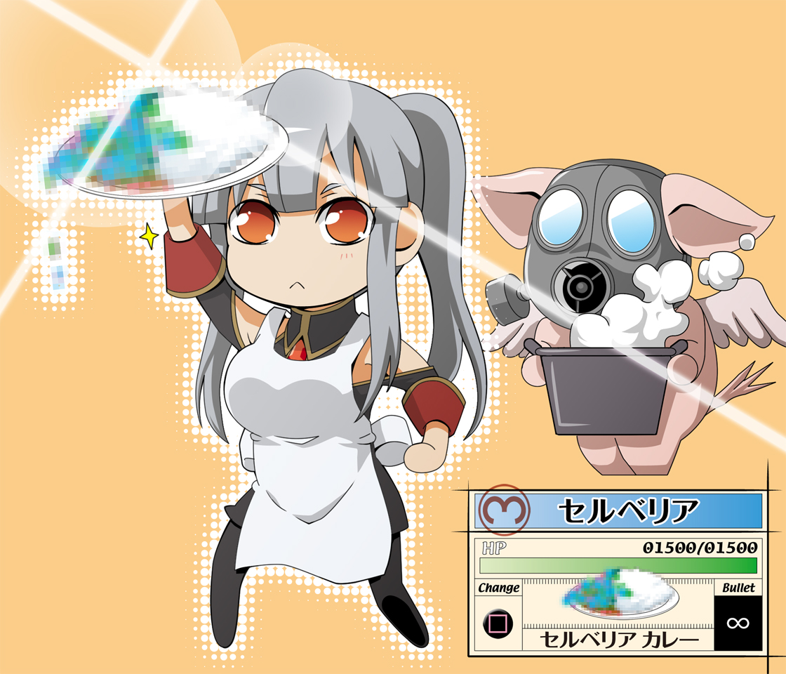 hyunjoong, taguchi kenji (omaep), selvaria bles, senjou no valkyria, senjou no valkyria (series), senjou no valkyria 1, pot, silver hair, 1girl, :<, apron, bad food, censored, censored food, chibi, cooking pot, curry, fake censor, food, gameplay mechanics, gas mask, gold trim, halftone, holding, holding cooking pot, long hair, mask, orange background, pantyhose, parody, pig, plate, ponytail, red eyes, simple background