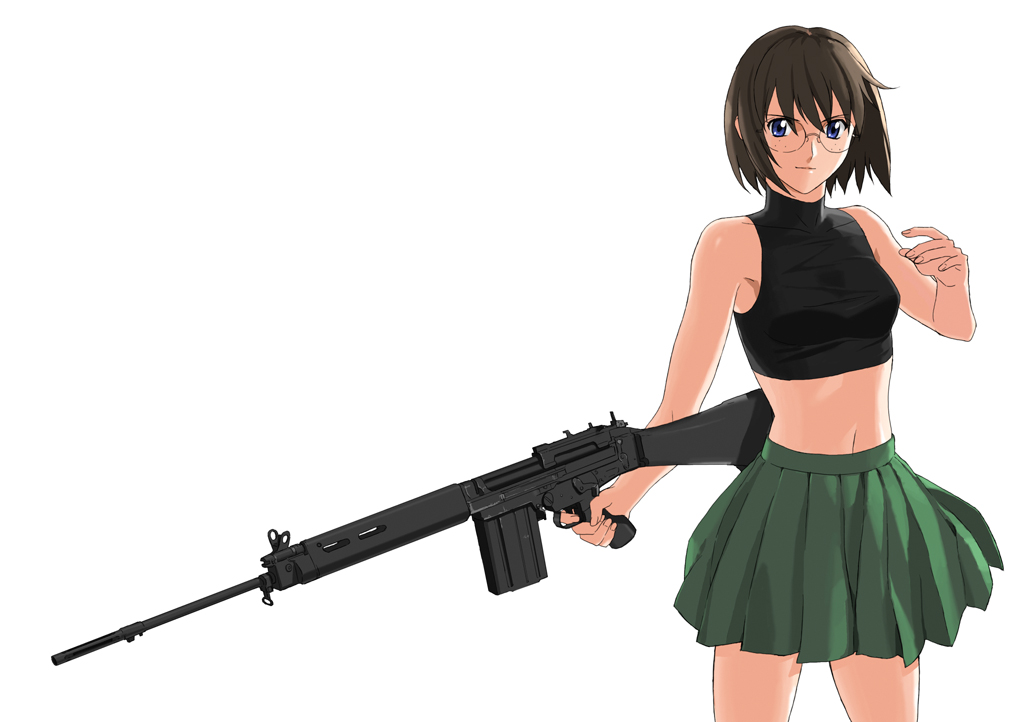 najica dengeki sakusen, character request, 00s, 1girl, assault rifle, battle rifle, blue eyes, brown hair, female focus, finger on trigger, fn fal, freckles, glasses, green skirt, gun, l1a1, midriff, navel, pleated skirt, rifle, short hair, simple background, skirt, solo, weapon, white background