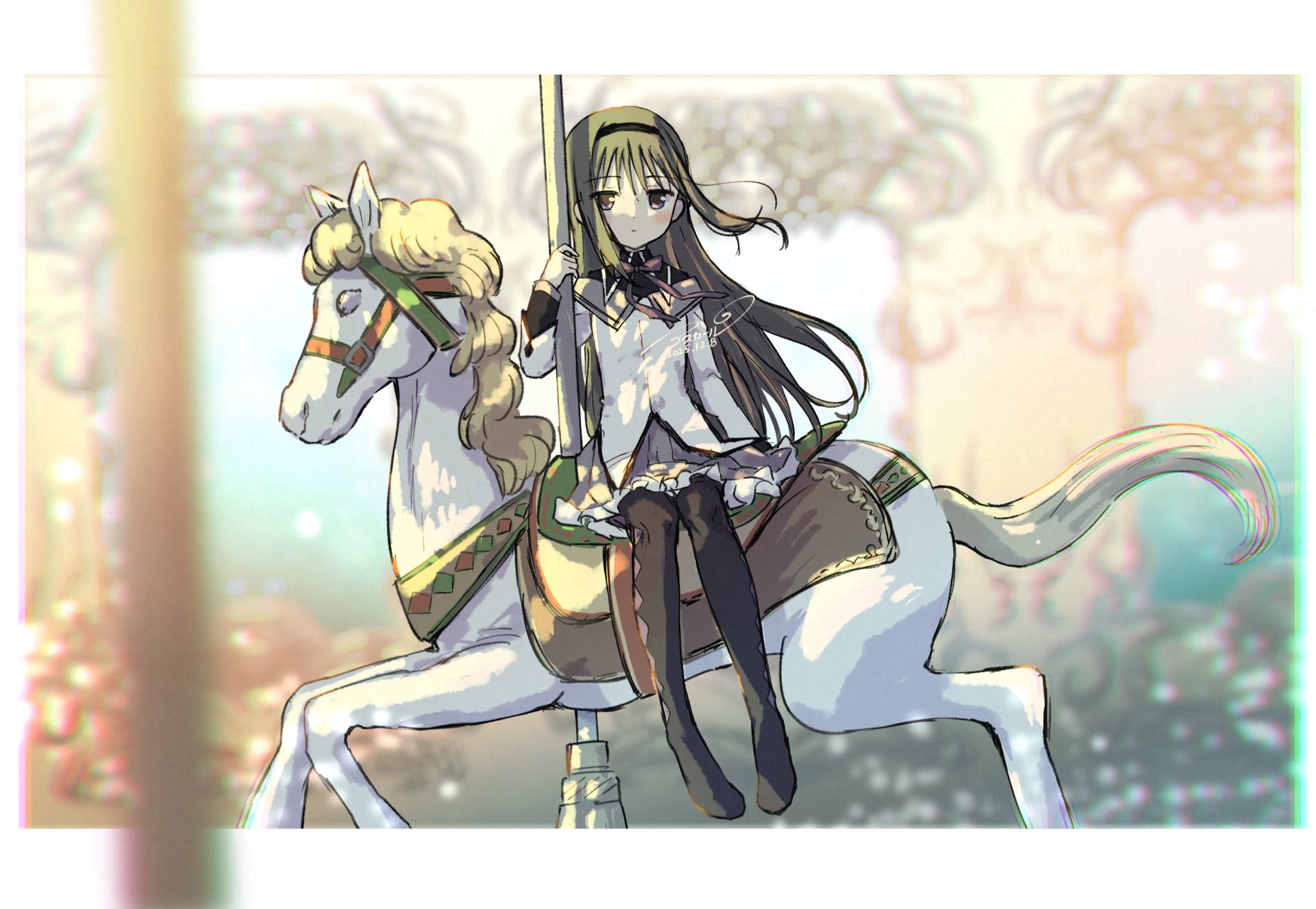 asukaru (magika ru), akemi homura, akemi homura (magical girl), mahou shoujo madoka magica, mahou shoujo madoka magica (anime), highres, 1girl, argyle clothes, argyle pantyhose, black boots, black eyes, black hair, black hairband, black pantyhose, blush, boots, bow, bowtie, carousel, closed mouth, dated, expressionless, frilled skirt, frills, full body, hair bow, hairband, horse, jacket, long hair, long sleeves, looking at viewer, magical girl, pantyhose, pleated skirt, purple bow, purple bowtie, purple skirt, signature, sitting, skirt, solo, white jacket