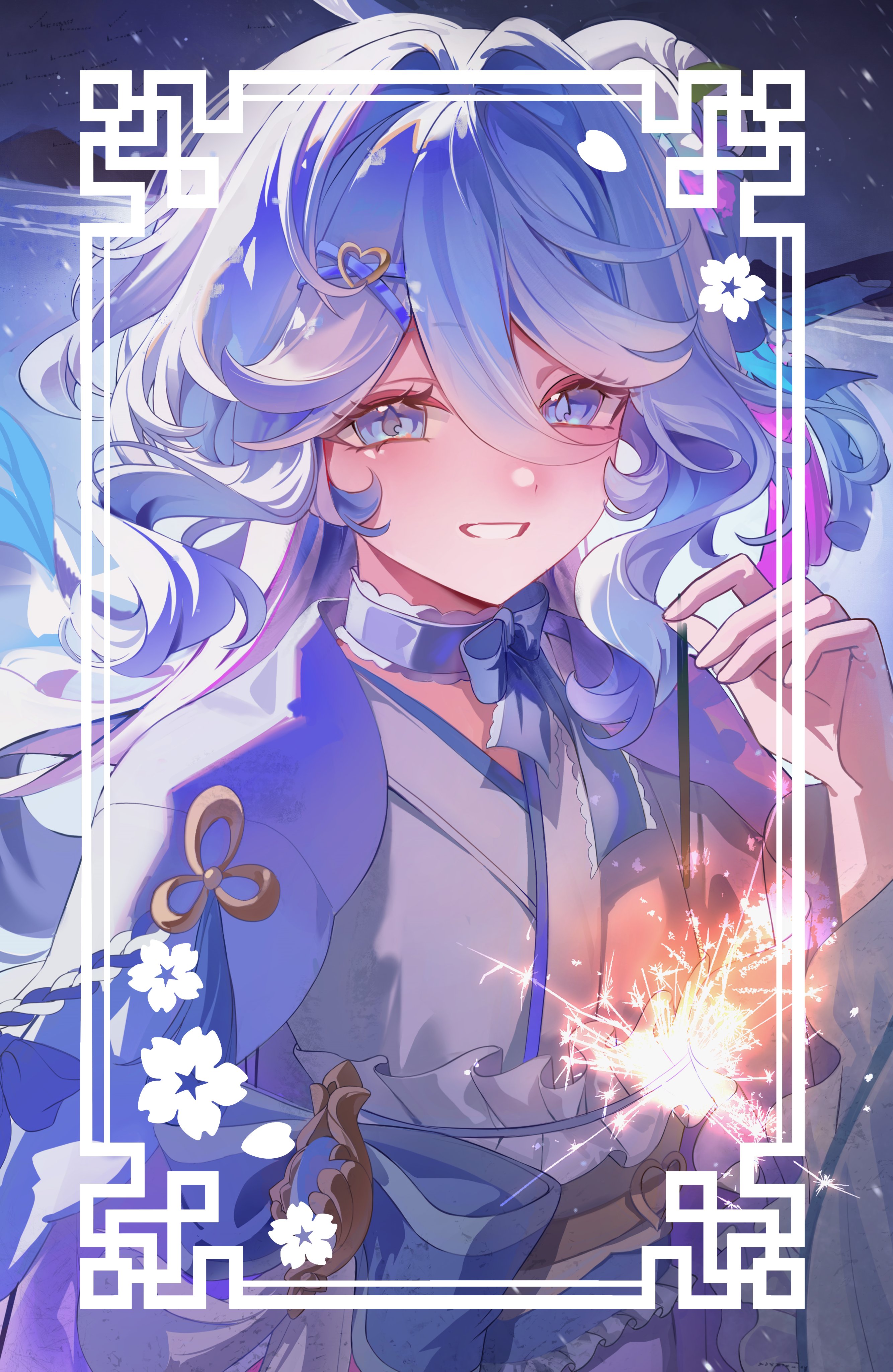 datsha, furina (genshin impact), genshin impact, absurdres, commentary request, highres, korean commentary, 1girl, blue eyes, blue hair, blush, fireworks, grey kimono, hair between eyes, holding, holding fireworks, japanese clothes, kimono, long hair, multicolored hair, smile, solo, streaked hair, teeth, white hair