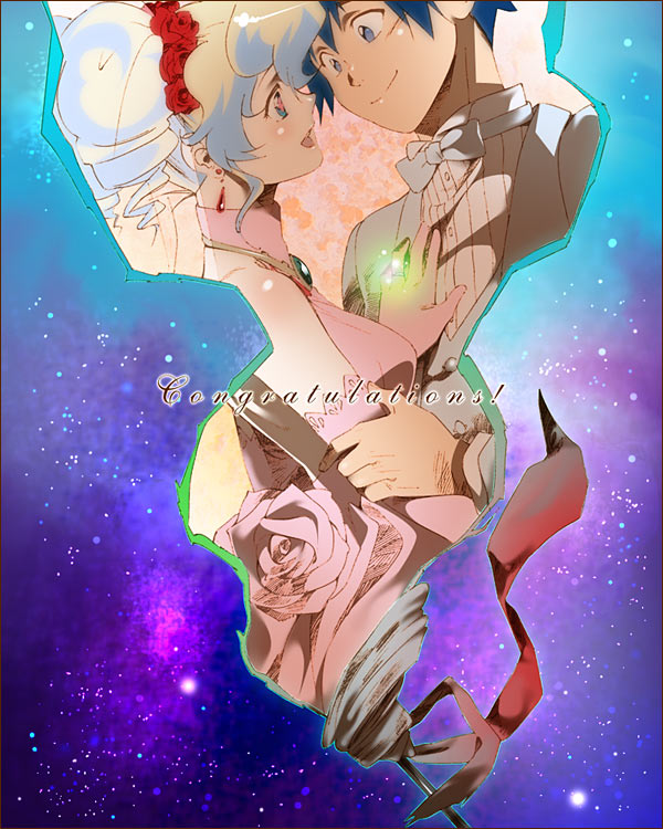 yukimitsuki, nia teppelin, simon (ttgl), tengen toppa gurren lagann, 00s, 1boy, 1girl, blue hair, couple, curly hair, dress, dress flower, flower, gloves, happy, hetero, jewelry, ring, rose, smile, space, tuxedo, wedding, wedding band, wedding dress, wedding ring