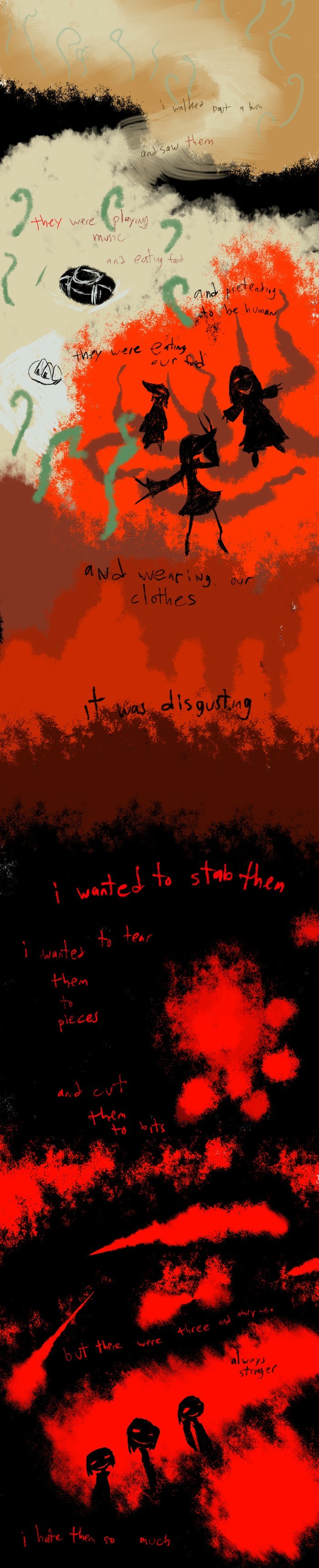 toriningen, yume nikki, absurdres, highres, long image, tall image, 3girls, abstract, english text, multiple girls, surreal, text focus