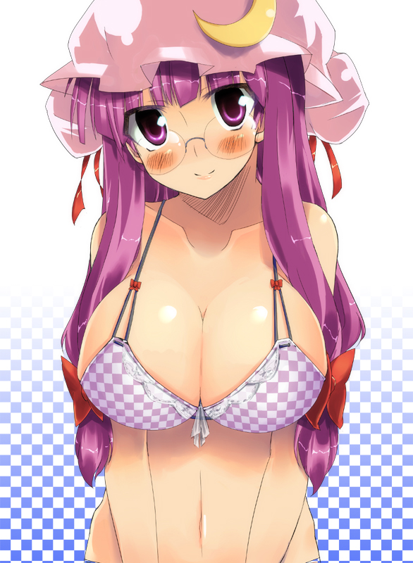 teruteru-deru, patchouli knowledge, touhou, 1girl, bespectacled, bikini, blush, breasts, checkered bikini, checkered clothes, cleavage, female focus, glasses, hat, huge breasts, large breasts, long hair, purple eyes, purple hair, smile, solo, swimsuit, upper body