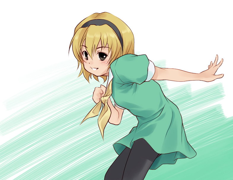 niku, nikuoji, houjou satoko, higurashi no naku koro ni, 00s, 1girl, black eyes, blonde hair, dress, female focus, hairband, pantyhose, sailor dress, short hair, solo