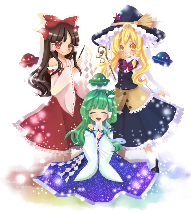 haou, hakurei reimu, kirisame marisa, kochiya sanae, touhou, undefined fantastic object, bad id, bad pixiv id, 3girls, blonde hair, bow, braid, brown hair, detached sleeves, female focus, frog, gohei, green hair, hair ornament, hat, japanese clothes, long hair, miko, multiple girls, red eyes, snake, ufo, wand, witch, witch hat, yellow eyes