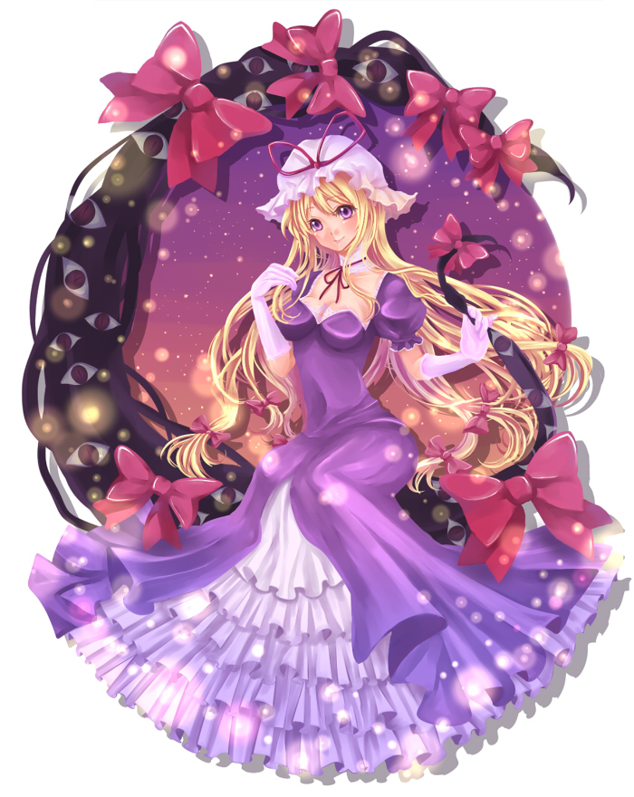 haou, yakumo yukari, touhou, bad id, bad pixiv id, 1girl, blonde hair, breasts, female focus, gap (touhou), gloves, hair ribbon, hat, long hair, purple eyes, ribbon, solo, white background