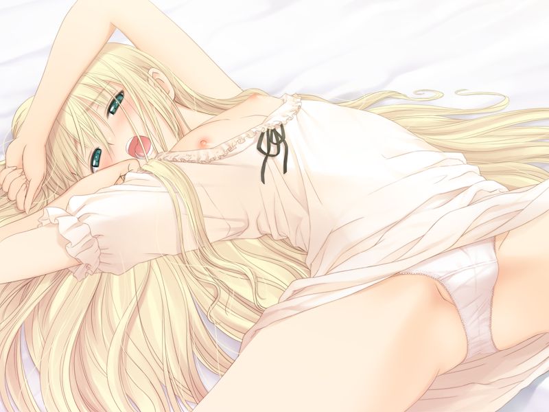 tony taka, shoujo (france shoujo), france shoujo, game cg, 1girl, bed, blonde hair, blue eyes, blush, censored, clitoris, female focus, flat chest, green eyes, loli, long hair, nipples, nude, open mouth, panties, petite, pussy, ribbon, saliva, solo, underwear, white panties
