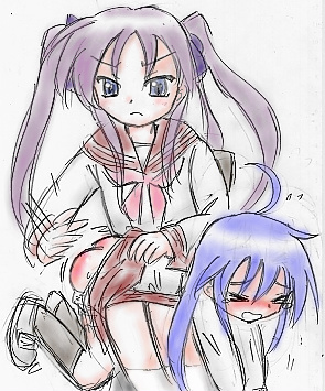 hiiragi kagami, izumi konata, lucky star, lowres, 00s, friends, loli, panties, spanked, underwear
