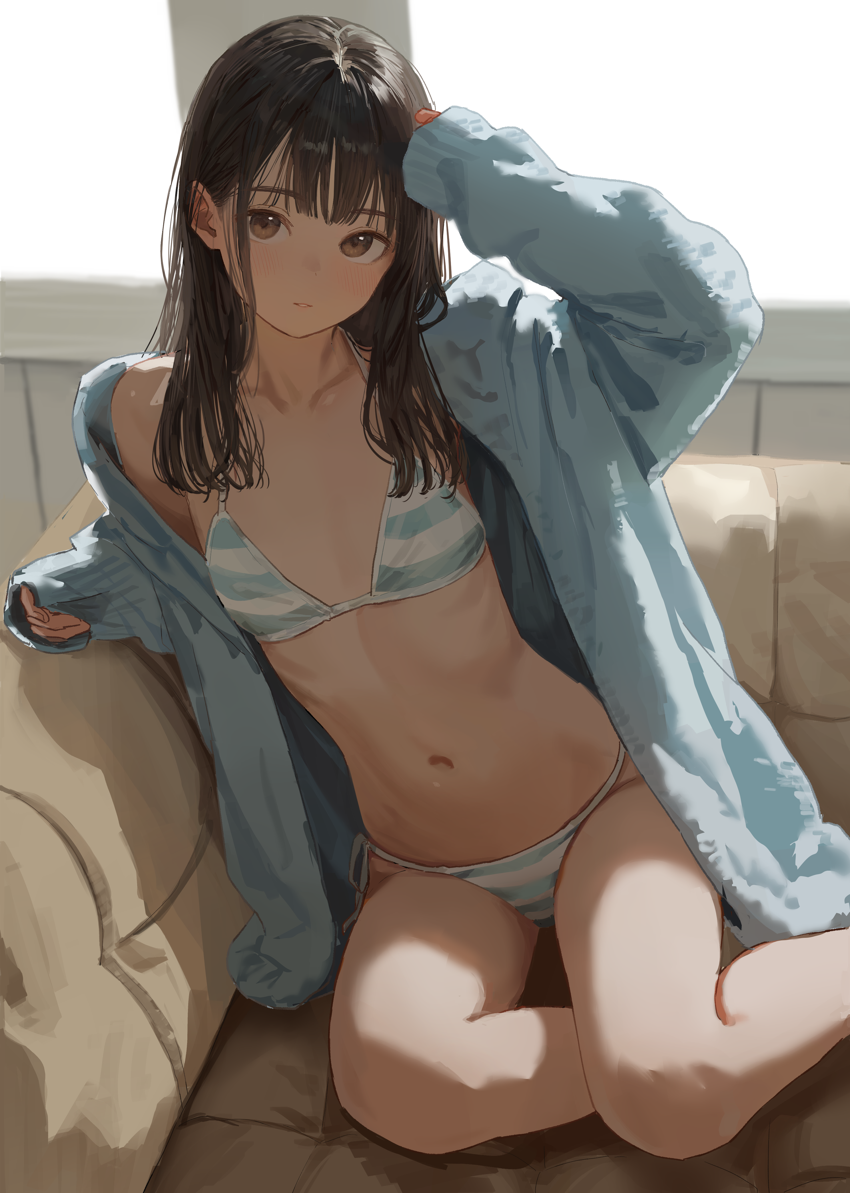 akipeko, original, absurdres, commentary request, highres, 1girl, bikini, black hair, blue jacket, brown eyes, closed mouth, flat chest, jacket, looking at viewer, medium hair, navel, open clothes, open jacket, petite, ribs, sitting, solo, striped bikini, striped clothes, swimsuit, thighs