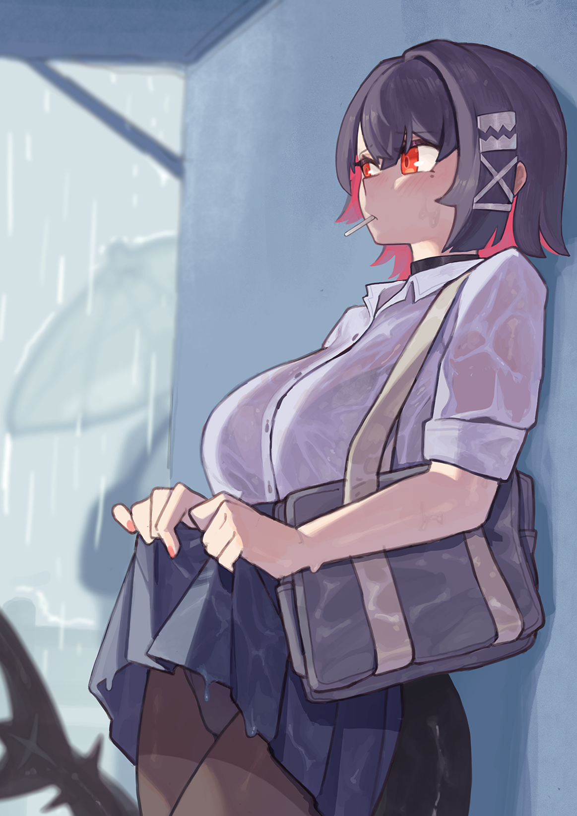 aoyuzuaoyuzu, ellen joe, ellen joe (on campus), zenless zone zero, commentary request, highres, 1girl, 1other, against wall, bag, black bra, black choker, black hair, blue skirt, blurry, blurry background, blush, bra, bra visible through clothes, breasts, brown pantyhose, buttons, choker, closed mouth, clothes lift, collared shirt, colored inner hair, cowboy shot, day, fingernails, fins, fish tail, from side, hair between eyes, hair ornament, hairclip, large breasts, lifting own clothes, lollipop in mouth, looking ahead, miniskirt, multicolored hair, official alternate costume, outdoors, overcast, panties, panties under pantyhose, pantyhose, pleated skirt, rain, red eyes, red hair, red nails, school bag, school uniform, see-through clothes, see-through shirt, shark girl, shark tail, shirt, short hair, short sleeves, shoulder bag, skirt, skirt lift, sky, sleeves rolled up, solo focus, standing, tail, two-tone hair, umbrella, underwear, wet, wet clothes, wet shirt, wet skirt, white panties, white shirt, x hair ornament
