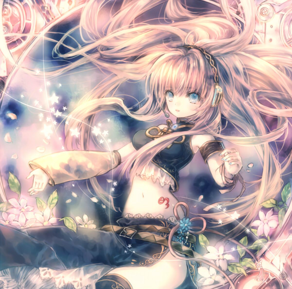 onineko, megurine luka, vocaloid, 1girl, armlet, belt, black thighhighs, blue eyes, female focus, headphones, hip focus, jewelry, long hair, looking at viewer, midriff, solo, tattoo, thighhighs, very long hair, zettai ryouiki