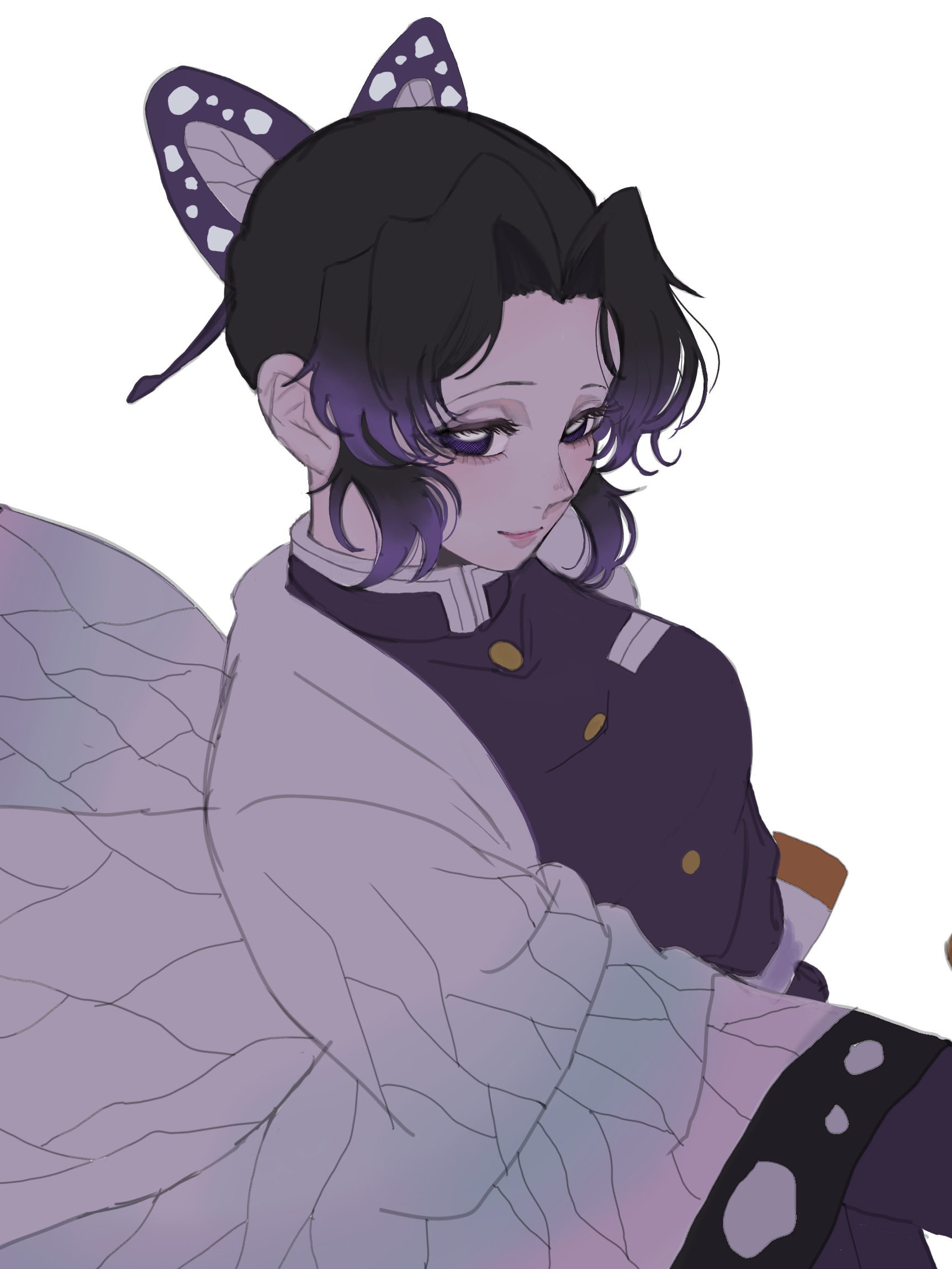 kochou shinobu, kimetsu no yaiba, commentary, highres, 1girl, animal print, black hair, butterfly hair ornament, butterfly print, coat, gradient hair, hair ornament, jacket, looking at viewer, multicolored hair, purple eyes, purple hair, purple jacket, sagirinmino, short hair, simple background, solo, two-tone hair, white background