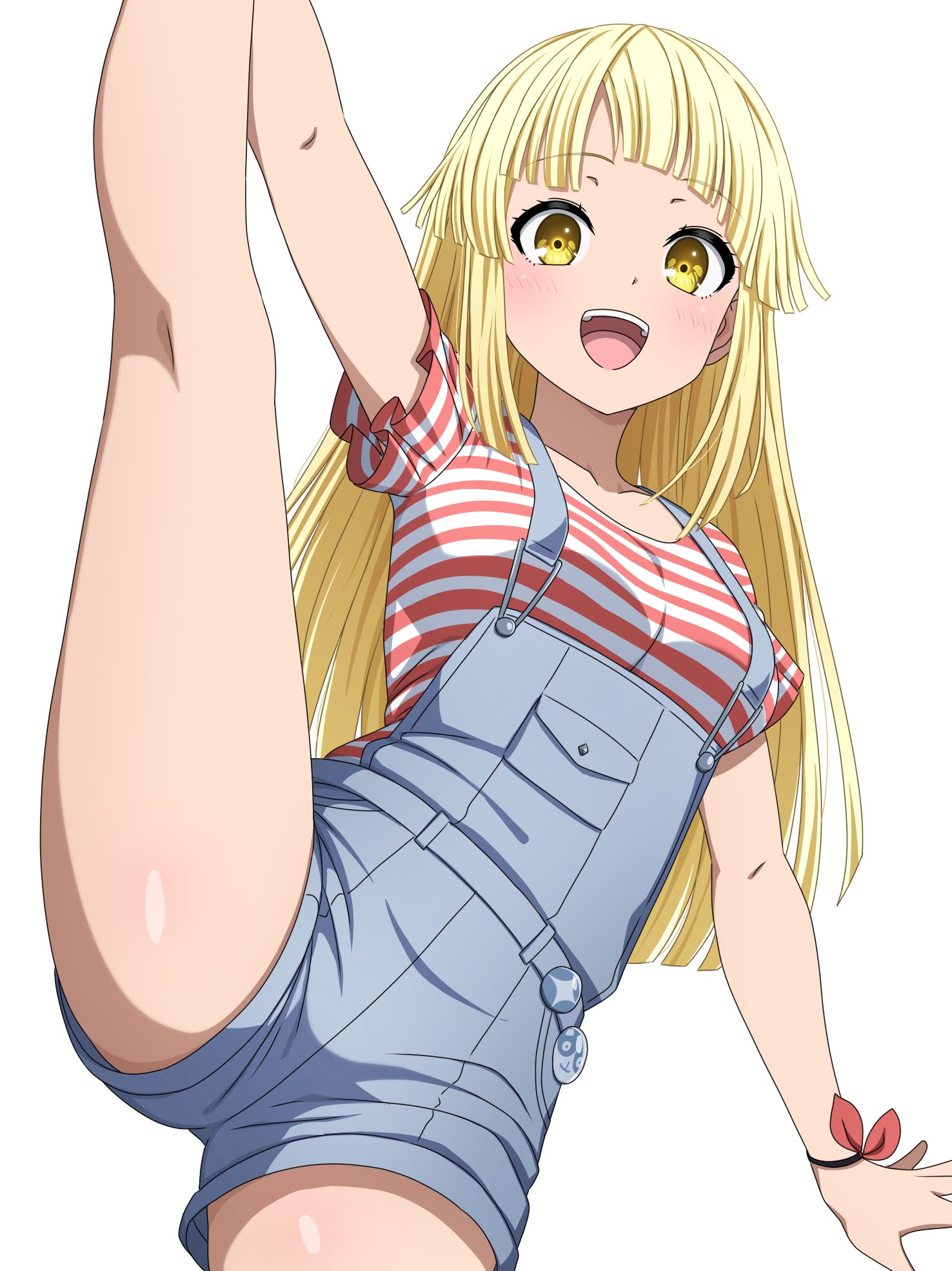 noshimurin, tsurumaki kokoro, bang dream!, commentary request, highres, 1girl, blonde hair, blush, bracelet, breasts, feet out of frame, happy, jewelry, long hair, long sleeves, looking at viewer, medium breasts, official alternate costume, overall shorts, overalls, shirt, simple background, solo, standing, standing on one leg, striped clothes, striped shirt, teeth, white background, yellow eyes