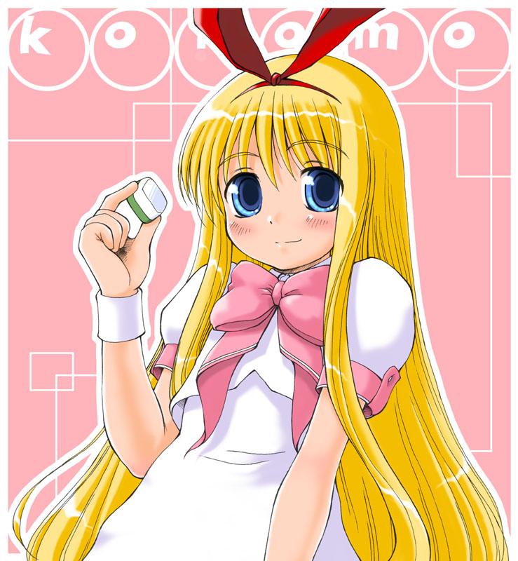 velfro, amae koromo, saki (manga), 00s, 1girl, animal ears, blonde hair, blue eyes, board game, bow, bowtie, dress, female focus, hair between eyes, holding, holding mahjong tile, long hair, mahjong, mahjong tile, outline, pink bow, pink bowtie, rabbit ears, solo, very long hair, white outline
