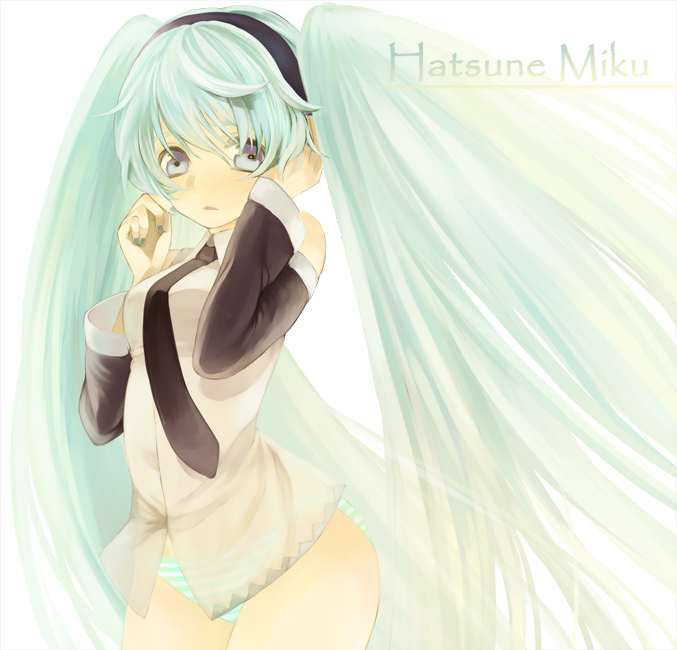 tibino, hatsune miku, vocaloid, detached sleeves, hairband, long hair, necktie, panties, solo, striped clothes, striped panties, twintails, underwear, very long hair
