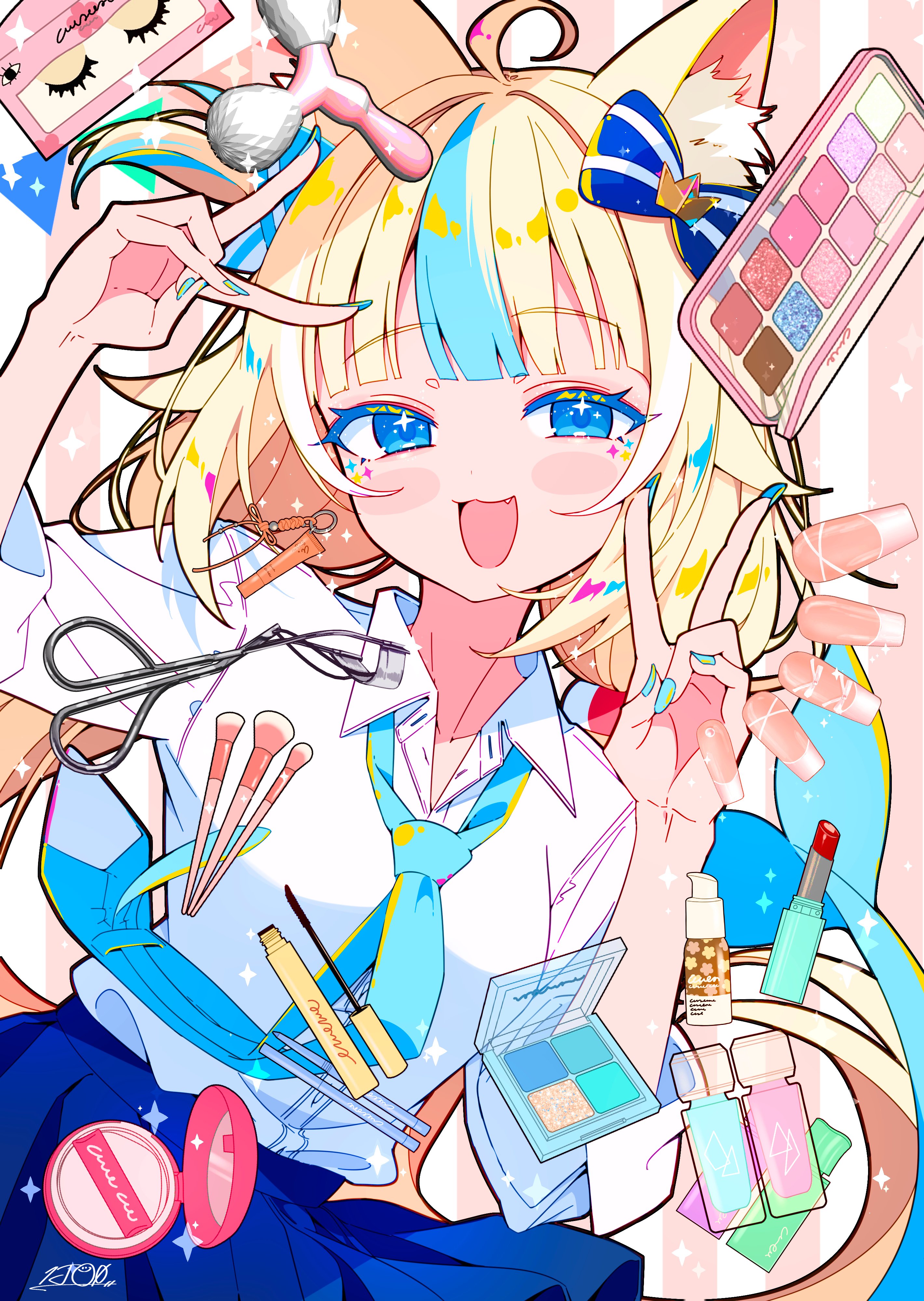 ichijo rei, sameko saba, indie virtual youtuber, absurdres, commentary, highres, 1girl, :3, :d, ahoge, alternate costume, animal ear fluff, animal ears, blonde hair, blue bow, blue eyes, blue hair, blue necktie, blue skirt, blunt bangs, blush stickers, bow, cat ears, collared shirt, cosmetics, cowboy shot, double v, fang, fins, fish girl, fish tail, gyaru, hair bow, hands up, long hair, looking at viewer, multicolored hair, necktie, open mouth, pleated skirt, shirt, signature, skirt, smile, solo, streaked hair, striped background, striped bow, tail, three-quarter sleeves, two-tone hair, v, vertical-striped background, virtual youtuber, white shirt