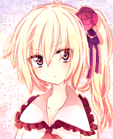 riichu, flandre scarlet, touhou, bad id, bad pixiv id, 1girl, :t, blonde hair, female focus, flower, hair flower, hair ornament, no headwear, ponytail, pout, red eyes, short hair, side ponytail, solo, upper body, yellow eyes