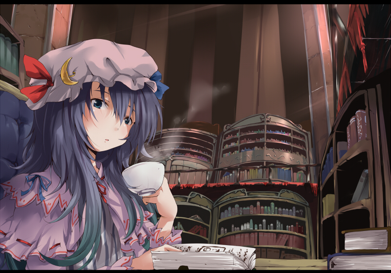 nejime, patchouli knowledge, touhou, 1girl, book, bookshelf, crescent, cup, female focus, library, long hair, purple hair, solo, tea, voile