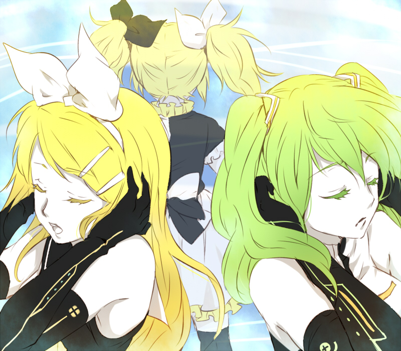 maruki (punchiki), hatsune miku, hatsune miku (roshin yuukai/nitamagomix), kagamine rin, kagamine rin (reactor), roshin yuukai (vocaloid), vocaloid, bad id, bad pixiv id, alternate hairstyle, blonde hair, dual persona, green hair, thighhighs, twintails