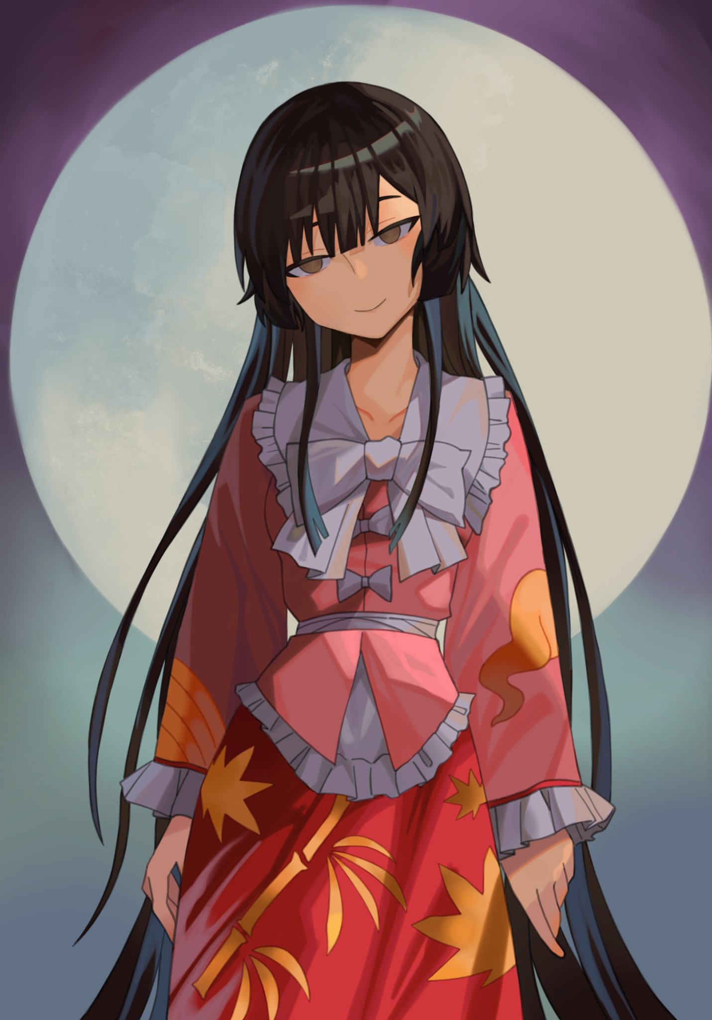 onionmay, houraisan kaguya, touhou, highres, 1girl, arms at sides, bamboo print, black hair, blue background, bow, brown eyes, closed mouth, collared shirt, cowboy shot, frilled shirt collar, frilled sleeves, frills, full moon, gradient background, head tilt, leaf print, long hair, long sleeves, looking at viewer, moon, pink shirt, purple background, red skirt, shirt, skirt, smile, solo, very long hair, white bow
