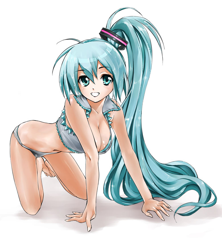 maruyama, hatsune miku, vocaloid, 1girl, :d, all fours, alternate hairstyle, aqua eyes, aqua hair, barefoot, bikini, bikini bottom only, breasts, cleavage, female focus, full body, large breasts, long hair, open mouth, ponytail, side ponytail, smile, solo, swimsuit, very long hair, white background
