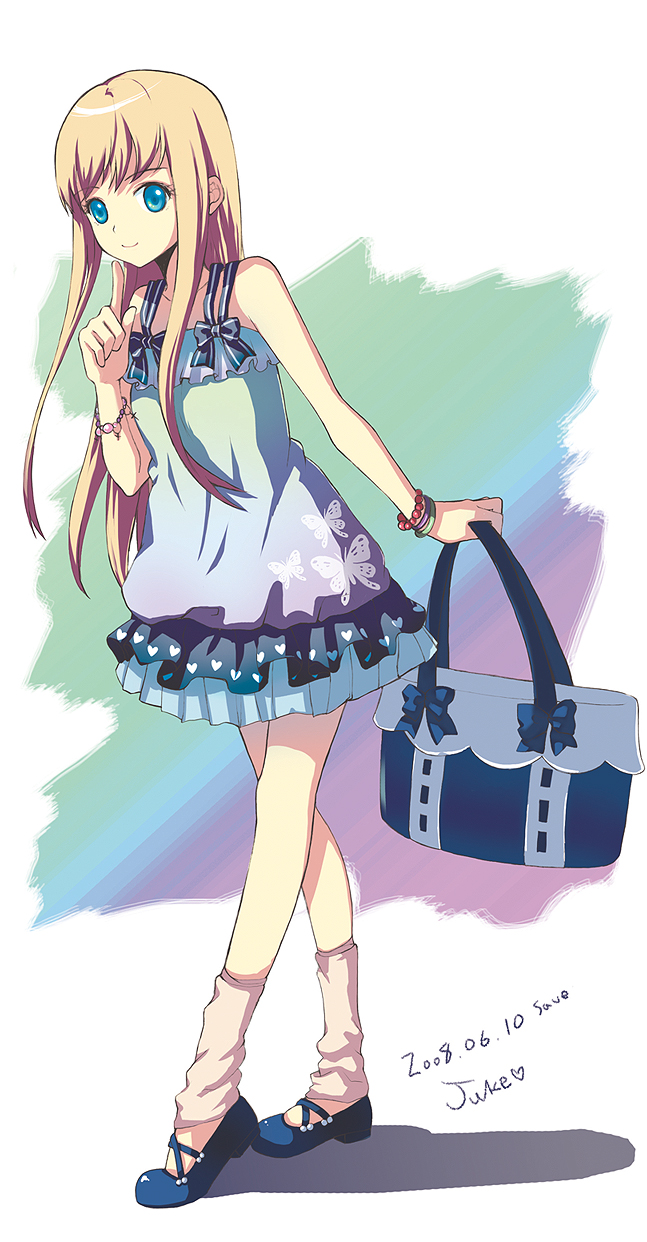 juke, original, bad id, bad pixiv id, highres, 1girl, bag, blonde hair, blue eyes, bracelet, bug, butterfly, casual, crossed legs, dress, female focus, handbag, heart, index finger raised, insect, jewelry, kneehighs, long hair, ribbon, signature, socks, solo, standing, watson cross