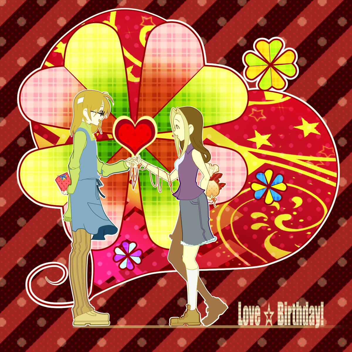 motarou, karen (bokujou monogatari), rick (bokujou monogatari), harvest moon, bad id, bad pixiv id, highres, 1boy, 1girl, colored bangs, couple, gift, heart, hetero, holding hands, multicolored hair, thread, two-tone hair