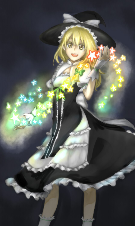 chigo (borderless), kirisame marisa, curiosities of lotus asia, touhou, 1girl, blonde hair, bow, cleavage cutout, clothing cutout, female focus, frills, hair bow, hat, hat bow, magic, open mouth, simple background, solo, star (symbol), witch, witch hat, wrist cuffs, yellow eyes