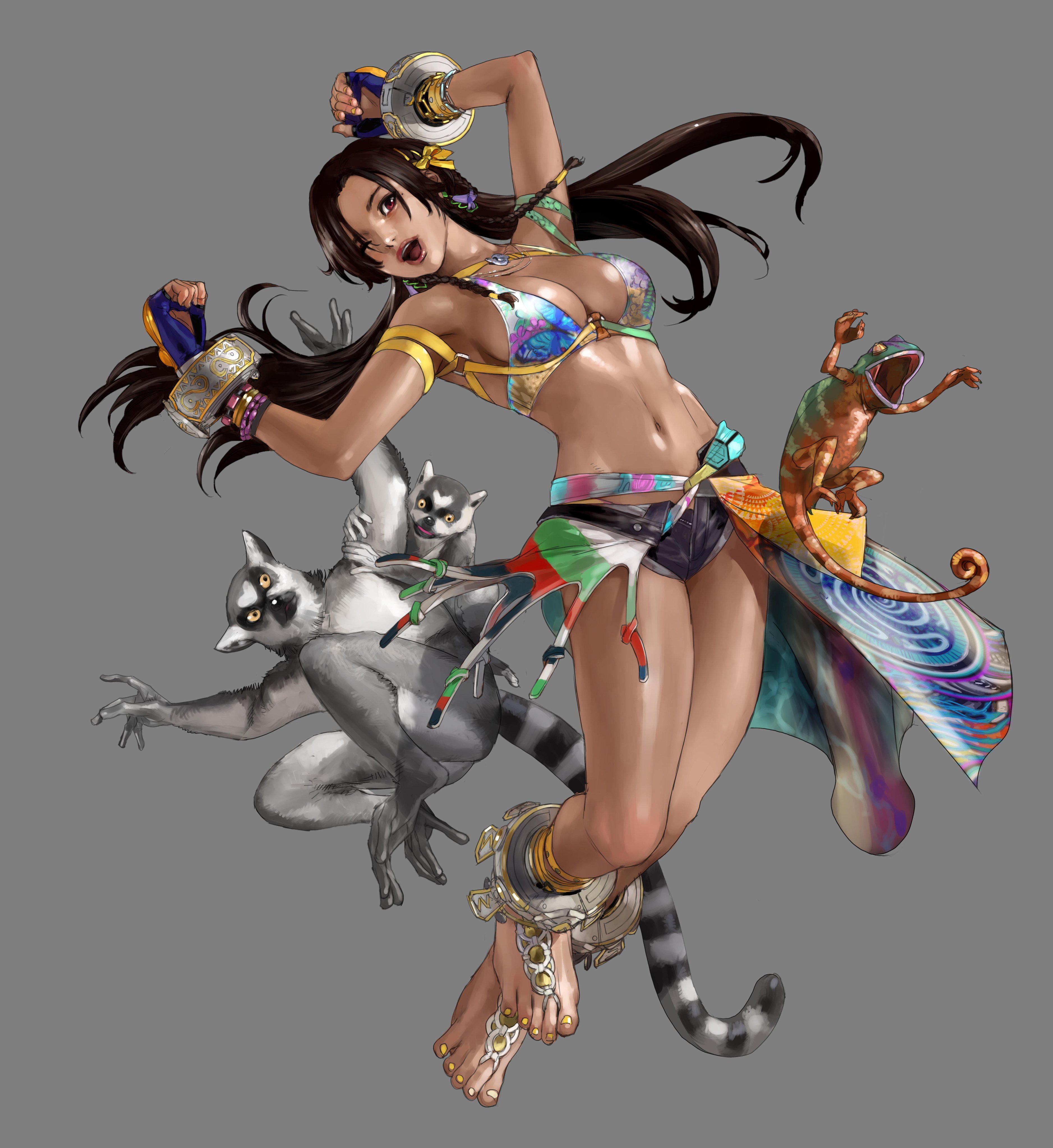 miary zo, namco, tekken, tekken 8, absurdres, artist request, highres, official art, source request, 1girl, bare shoulders, barefoot, black hair, black shorts, breasts, chameleon, cleavage, dark-skinned female, dark skin, fingerless gloves, floral bikini, floral print, floral print bikini, floral print bikini top, gloves, grey background, hair ribbon, large breasts, lemur, mma gloves, navel, padded gloves, print bikini, red eyes, ribbon, sarong, short shorts, shorts, yellow hair ribbon, yellow ribbon, yellow toenails