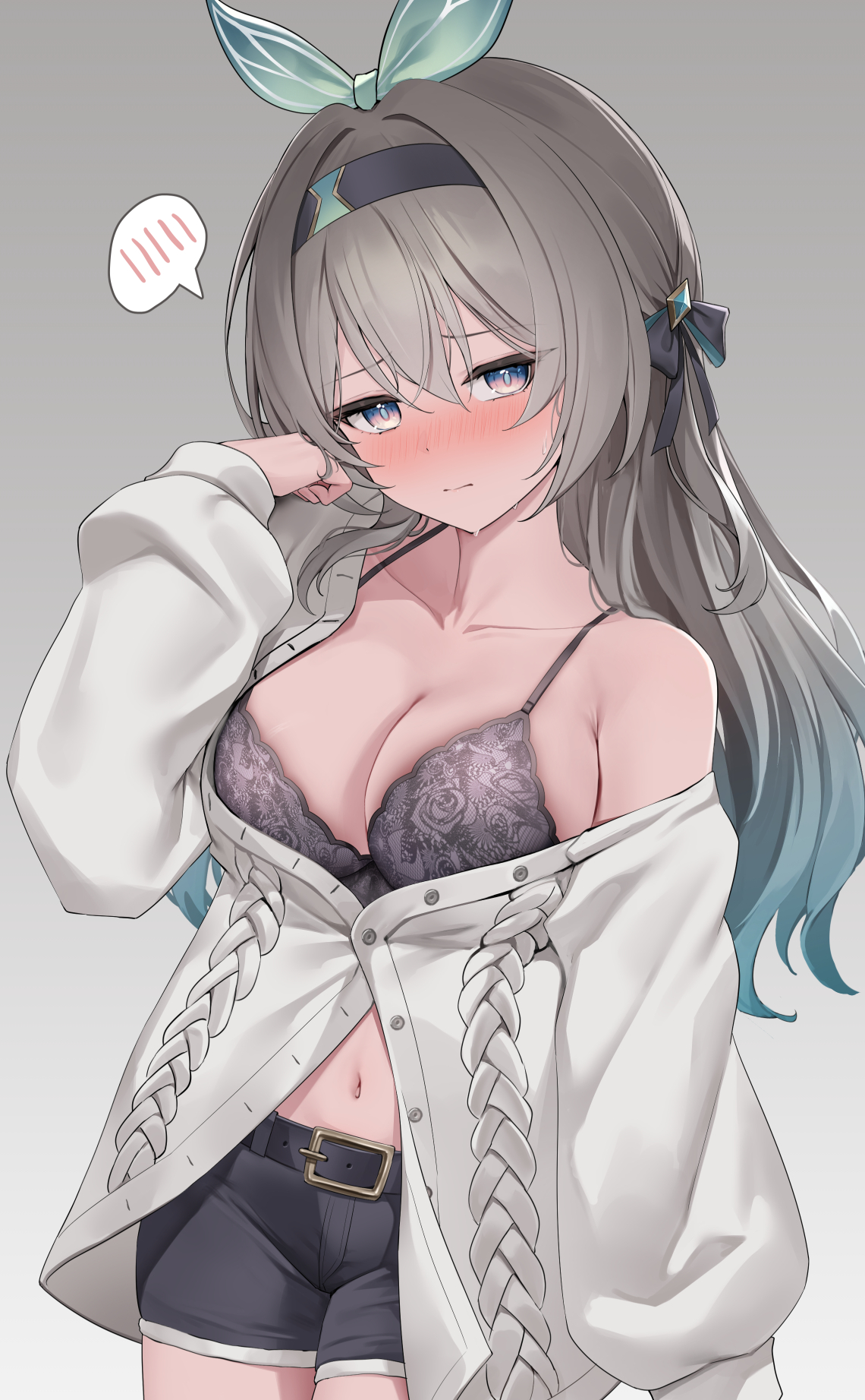 lunacle, firefly (honkai: star rail), honkai: star rail, honkai (series), commentary, highres, paid reward available, 1girl, alternate costume, belt, black belt, black hairband, black shorts, blue eyes, blue pupils, blush, bra, breasts, cardigan, cleavage, closed mouth, collarbone, cowboy shot, gradient background, green ribbon, grey background, grey bra, grey cardigan, grey hair, hair between eyes, hair ribbon, hairband, hand up, long hair, looking at viewer, midriff, navel, nose blush, partially unbuttoned, purple eyes, ribbon, short shorts, shorts, single bare shoulder, single off shoulder, solo, spoken blush, underwear