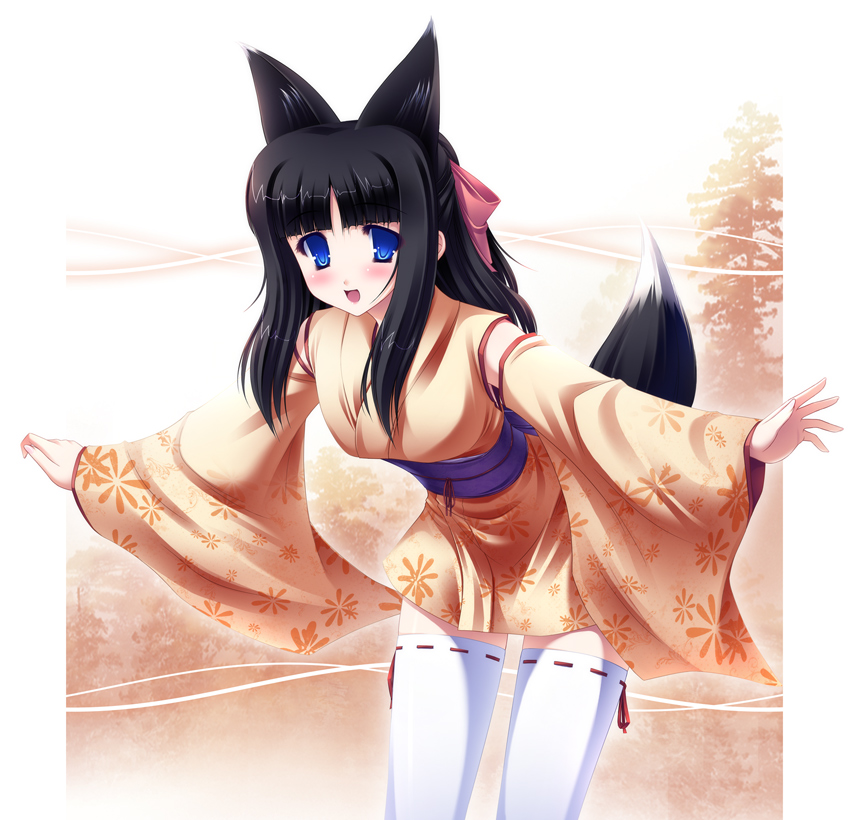 sakai sakae, animal ears, floral print, floral print kimono, fox ears, fox tail, japanese clothes, kimono, print kimono, short kimono, solo, tail, thighhighs