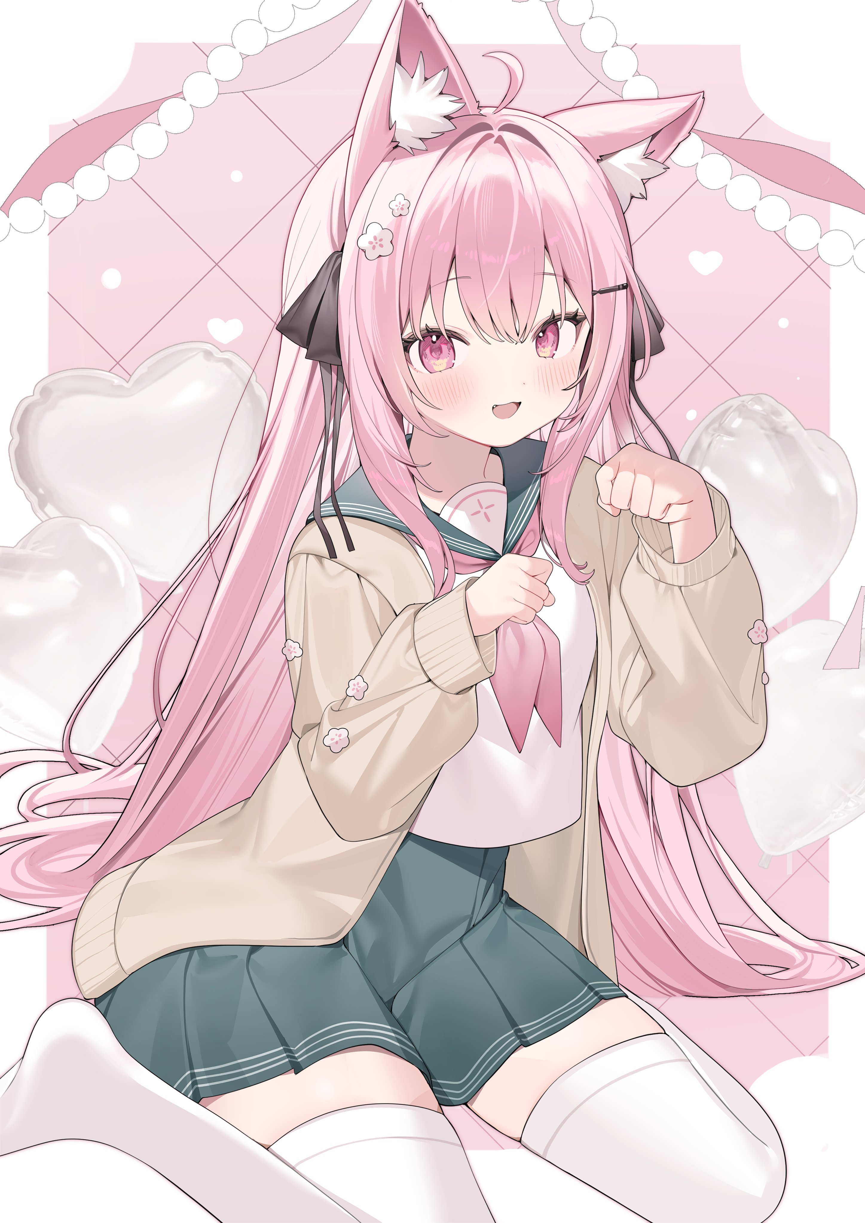 inuyayo, original, absurdres, commentary, commission, highres, skeb commission, 1girl, :3, :d, ahoge, animal ear fluff, animal ears, black ribbon, blush, border, borrowed character, brown cardigan, cardigan, cat ears, cat girl, dot nose, full body, green sailor collar, green skirt, hair between eyes, hair intakes, hair ribbon, hands up, long hair, long sleeves, looking at viewer, neckerchief, no shoes, open cardigan, open clothes, open mouth, outside border, paw pose, pink hair, pink neckerchief, pleated skirt, red eyes, ribbon, sailor collar, school uniform, serafuku, shirt, sitting, skirt, smile, solo, thighhighs, wariza, white border, white shirt, white thighhighs