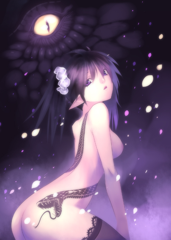 hirano katsuyuki, original, 1girl, ass, breasts, elf, female focus, large breasts, long hair, nude, petals, pointy ears, purple eyes, purple hair, solo, tattoo, thighhighs