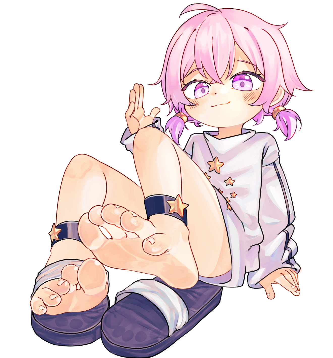 chaosexceed, original, commentary, english commentary, highres, paid reward available, 1girl, ankle strap, blush, closed mouth, feet, foot focus, full body, hand up, long sleeves, looking at viewer, pink eyes, pink hair, sandals, shirt, short hair, short twintails, single bare foot, sitting, soles, solo, toenails, toes, twintails, white background, white shirt