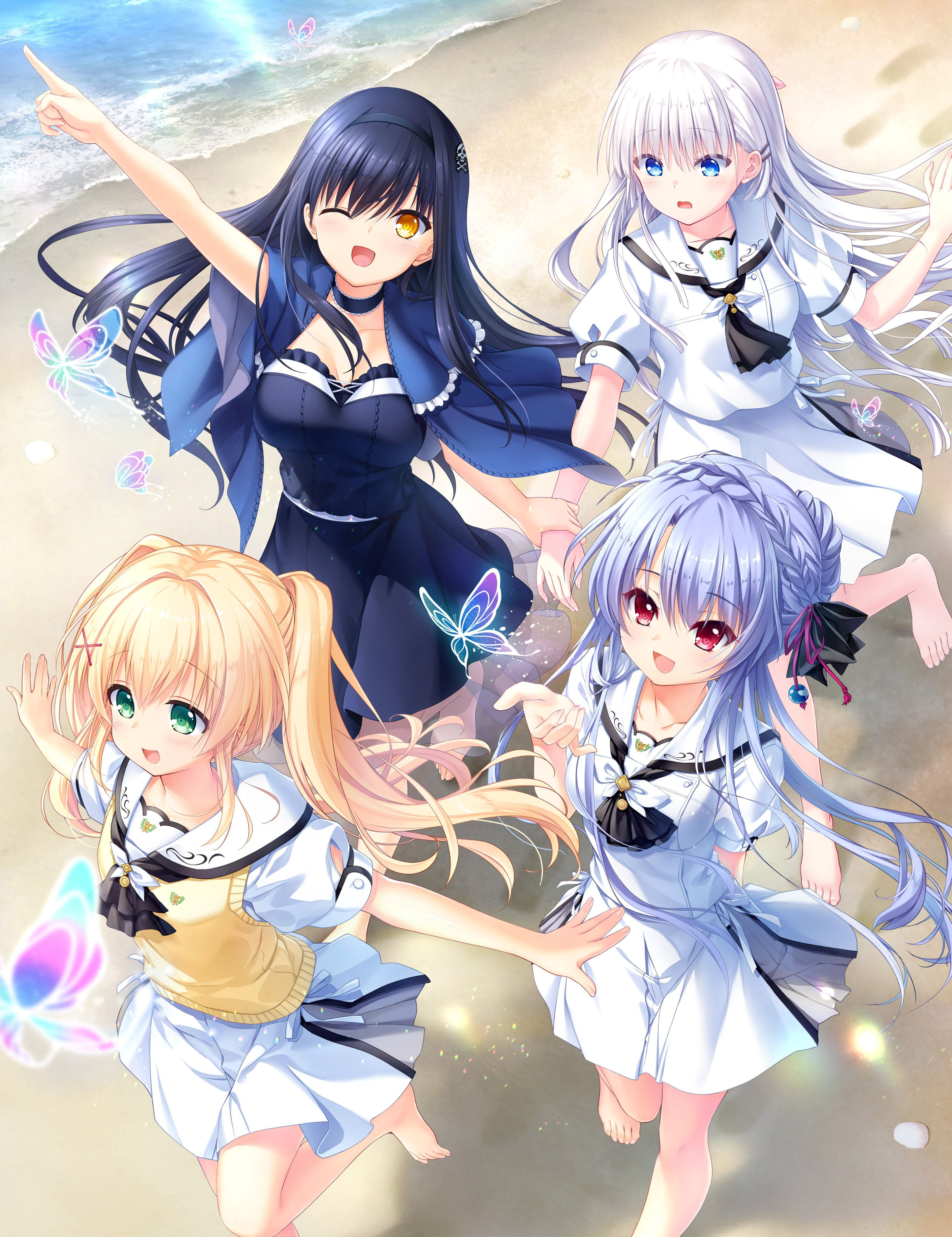 izumi tsubasu, na-ga, nagayama yuunon, kushima kamome, naruse shiroha, sorakado ao, tsumugi wenders, summer pockets, absurdres, highres, official art, third-party source, 4girls, :d, ;d, ||/, animal print, arm up, ascot, barefoot, beach, black ascot, black bow, black camisole, black choker, black hair, black skirt, blue butterfly, blue capelet, blue eyes, blunt ends, blurry, blush, bow, braid, breasts, bug, butterfly, butterfly print, camisole, capelet, choker, collarbone, crown braid, day, depth of field, feet, floating hair, foot out of frame, frilled capelet, frilled choker, frills, from above, full body, glowing butterfly, green eyes, hair between eyes, hair bow, hair bun, hair intakes, hair ornament, hair ribbon, hairclip, hand up, happy, holding another's wrist, index finger raised, insect, large breasts, light particles, long hair, looking at another, looking at viewer, miniskirt, multiple girls, ocean, one eye closed, open mouth, outdoors, outstretched arms, parallel hairclips, pointing, pointing up, puffy short sleeves, puffy sleeves, red eyes, red ribbon, ribbon, ringed eyes, sailor collar, school uniform, serafuku, shirt, short sleeves, sidelocks, single hair bun, skirt, smile, standing, standing on one leg, straight hair, summer pockets school uniform, sunlight, sweater vest, toenails, toes, twintails, very long hair, white hair, white sailor collar, white serafuku, white shirt, white skirt, x hair ornament, yellow eyes, yellow sweater vest