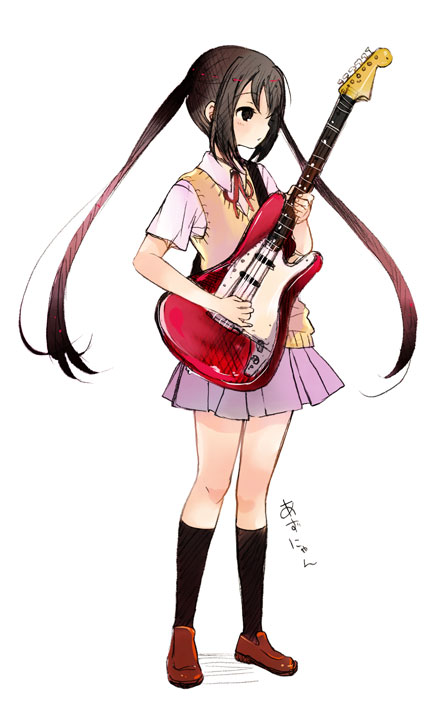manami (artist), sugano manami, vaayunto yuuki, nakano azusa, k-on!, 00s, 1girl, female focus, guitar, instrument, kneehighs, legs, mustang (guitar), school uniform, skirt, socks, solo, twintails, vest