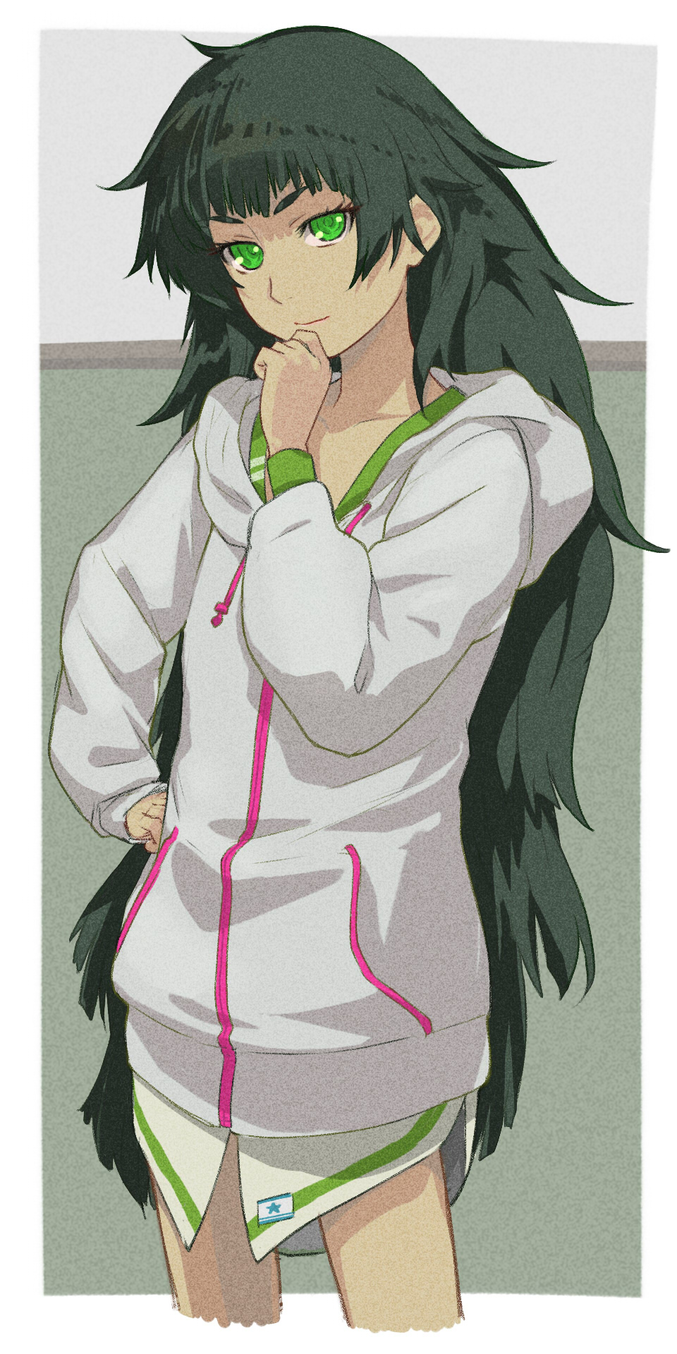 menomorute, hiyajou maho, science adventure, steins;gate, steins;gate 0, commentary, highres, 1girl, black hair, green eyes, grey hoodie, hand on own hip, hood, hood down, hoodie, long hair, long hoodie, long shirt, looking at viewer, solo, standing