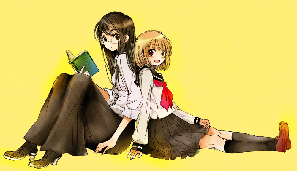 manami (artist), sugano manami, vaayunto yuuki, original, 2girls, black shoes, blouse, book, brown shoes, from side, glasses, kneehighs, legs, multiple girls, neckerchief, red neckerchief, school uniform, serafuku, shirt, shoes, simple background, skirt, sleeves rolled up, socks, white shirt, yellow background