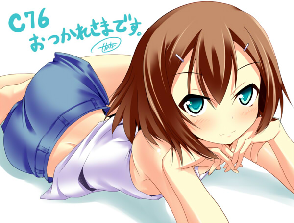 nana (732 kaiten), kinoshita hideyoshi, baka to test to shoukanjuu, 1boy, arm support, ass, blush, brown hair, hair ornament, hairclip, lying, male focus, shorts, solo, tank top, trap