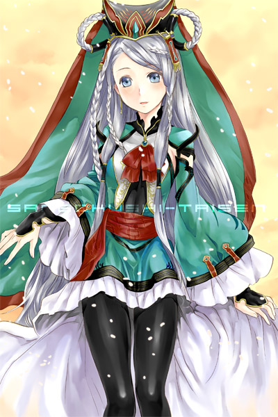 rakuto mangan, sangokushi taisen, character request, 1girl, braid, fantasy, female focus, pantyhose, solo, white hair