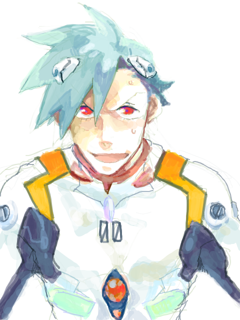 zukki (suzukio), ayanami rei, kamina (ttgl), neon genesis evangelion, tengen toppa gurren lagann, >:d, 1boy, :d, ayanami rei (cosplay), blue hair, bodysuit, company connection, cosplay, crossdressing, crossdressing (mtf), crossover, hair between eyes, hair ornament, looking at viewer, male focus, mecha pilot suit, oekaki, open mouth, plugsuit (evangelion), red eyes, short hair, simple background, sketch, smile, solo, spiked hair, sweat, trait connection, turtleneck, upper body, v-shaped eyebrows, white background