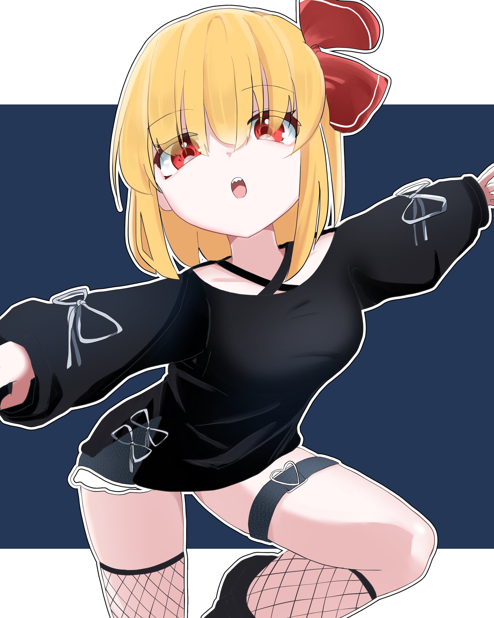rumia, touhou, commentary request, highres, 1girl, alternate costume, black shirt, black shoes, blonde hair, bow, collarbone, feet out of frame, fishnet thighhighs, fishnets, hair between eyes, hair bow, long sleeves, looking at viewer, medium hair, open mouth, outstretched arms, red bow, red eyes, shirt, shirt ribbon, shoes, sirasyake, solo, standing, standing on one leg, teeth, thigh strap, thighhighs, two-tone background, upper teeth only