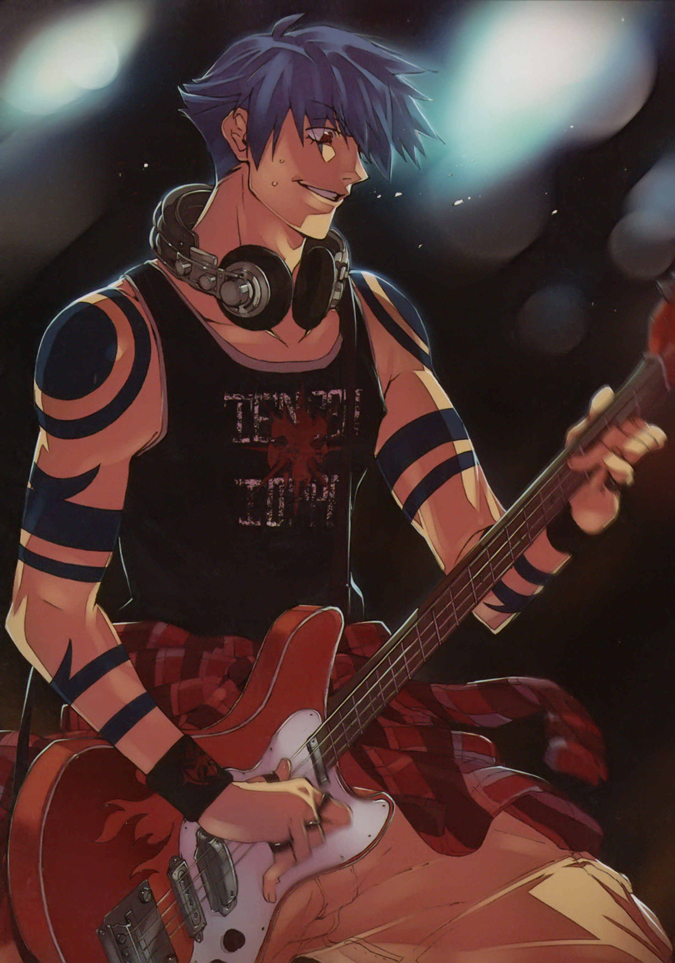 kamina (ttgl), tengen toppa gurren lagann, absurdres, highres, official art, 00s, 1boy, bass guitar, blue hair, guitar, headphones, headphones around neck, instrument, male focus, muscular, mustang (guitar), red eyes, solo, sweat, tattoo