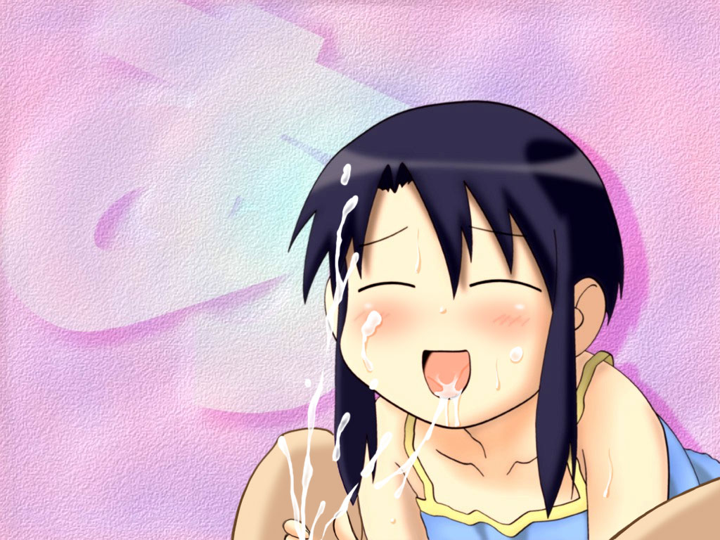 kurosawa minamo, azumanga daiou, third-party edit, 1girl, cum, cum in mouth, cum on body, facial, smile